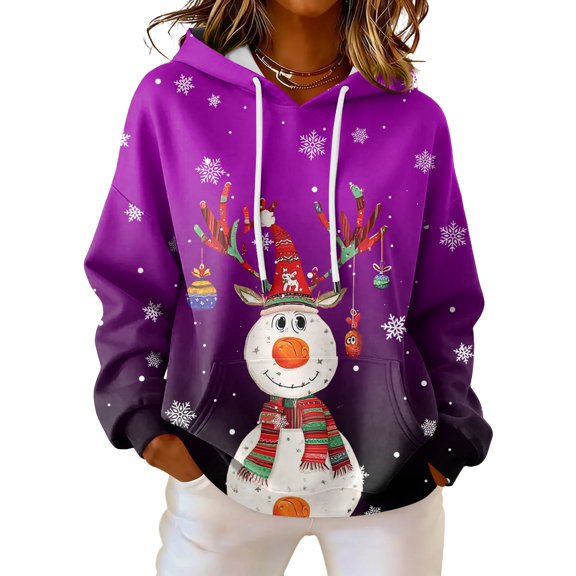 Women's Loose Comfortable Casual Fashion V-Neck Christmas Print Long Sleeve Hoodie for Casual and Holiday Wear with Festive Design