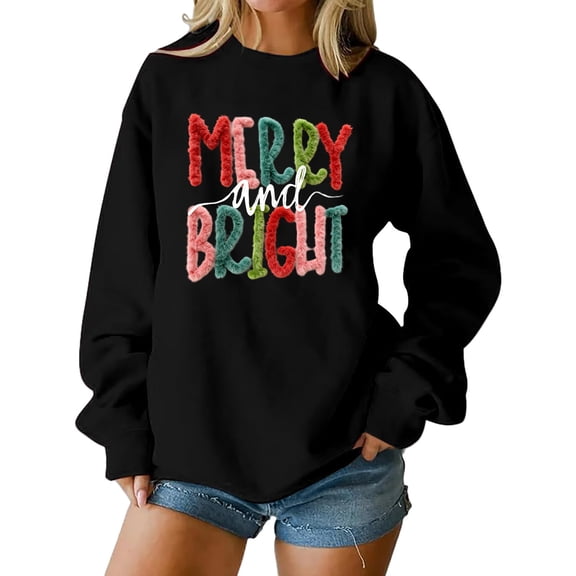 Women's Loose Comfortable Casual Fashionable Character Printing Round Neck Long Sleeved Sweatshirt with MERRY and BRIGHT Plush Print