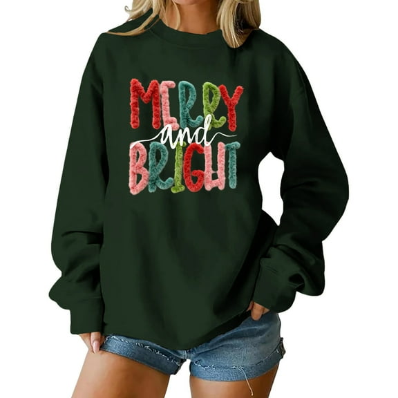 Women's Loose Comfortable Casual Fashionable Character Printing Round Neck Long Sleeved Sweatshirt with MERRY and BRIGHT Plush Print