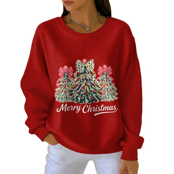 Women's Loose Comfortable Casual and Fashionable Round Neck Christmas Pattern Long Sleeve Sweatshirt, Ideal for Holiday Season and Everyday Comfort,Hot Pink,S