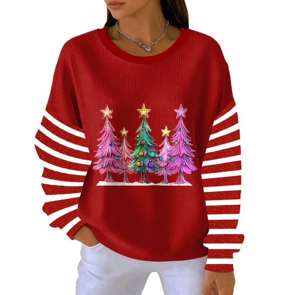 Women's Loose Comfortable Casual and Fashionable Round Neck Christmas Pattern Long Sleeve Sweatshirt with Santa Claus Print, Perfect for Festive Wear,Wine,S