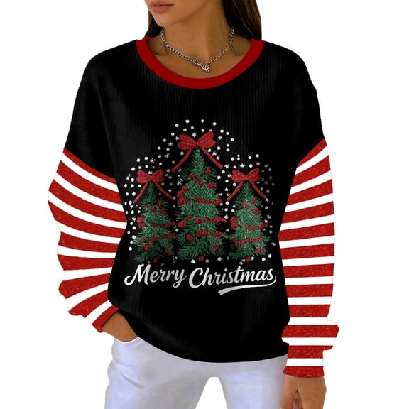 Women's Loose Comfortable Casual Fashionable Round Neck Christmas Pattern Long Sleeved Sweatshirt for Comfortable Wear and Festive Design