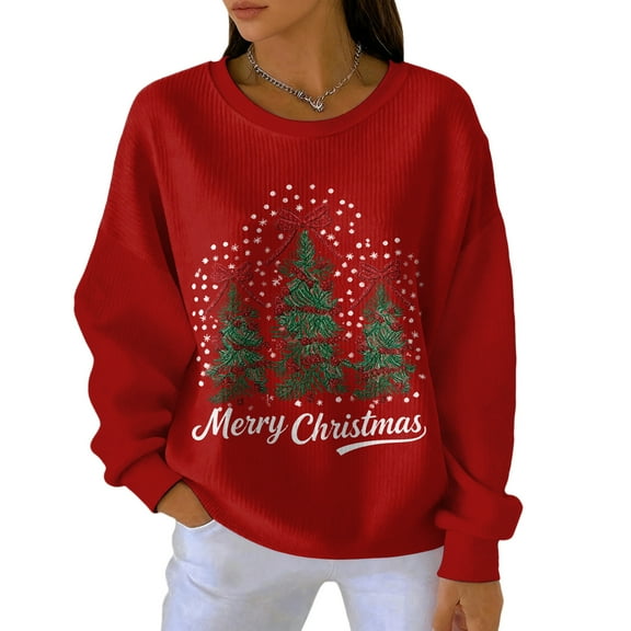 Women's Loose Comfortable Casual Fashionable Round Neck Christmas Pattern Long Sleeved Sweatshirt for Relaxed Fit and Holiday Themes