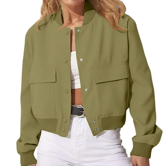 Women's Loose Comfortable Casual Fashionable Solid Color Long Sleeved Zipper Pocket Jacket for All Seasons , Single Breasted Design with Pockets for Easy Wear,Army Green,L
