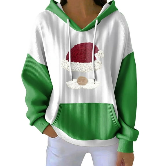 Women's Loose And Comfortable Drawstring V-neck Long Sleeved Christmas Print Hoodie, Holiday Season Fashion Wear, Comfortable and Warm Pullover,Green,3XL