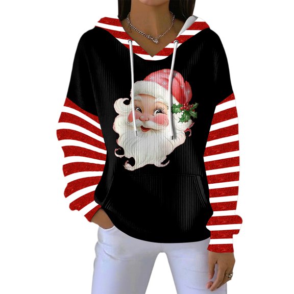 Women's Loose Comfortable Drawstring V-neck Long Sleeved Christmas Print Hoodie for Versatile Use and Holiday Themes