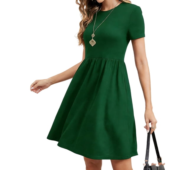 Women's Loose Comfortable Round Neck Midi Dress, Casual Short Sleeve Dress for Everyday Wear, Spring Summer Outfits, Soft Stretchy Material,Green S