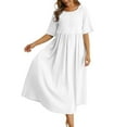 thumbnail image 1 of Women's Loose Cotton Linen Round Neck Midi Dress - 5-Point Sleeve Solid Color Casual Maxi Dress, 1 of 5