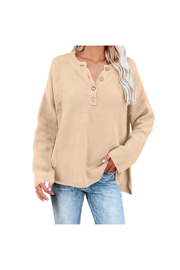 Women's Loose Crew Neck Sweater Long Sleeve Button Down Knitted Pullover Fall Fashion Comfy Side Split Sweaters