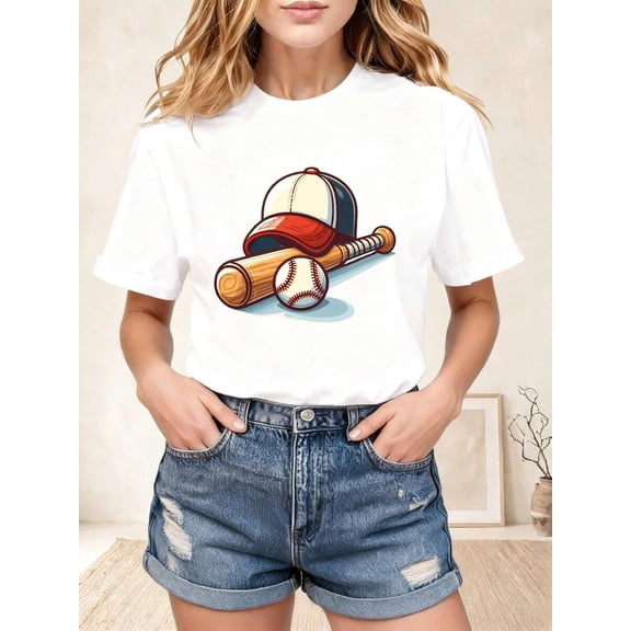 Women's Loose Crew Neck T-Shirt, Casual Vintage Baseball Print Tee, Classic Bat Ball Cap Graphic, Sports Fan Gift