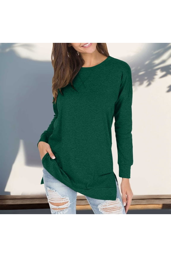 Women's Loose Crew Neck Top Long Sleeve T Shirt Solid Color Tops Women Womens Top Extra Long Long Sleeve Shirts Women Shirt Polyester Spandex Cute Tops for Women Summer for Women Long Sleeve T Shirt