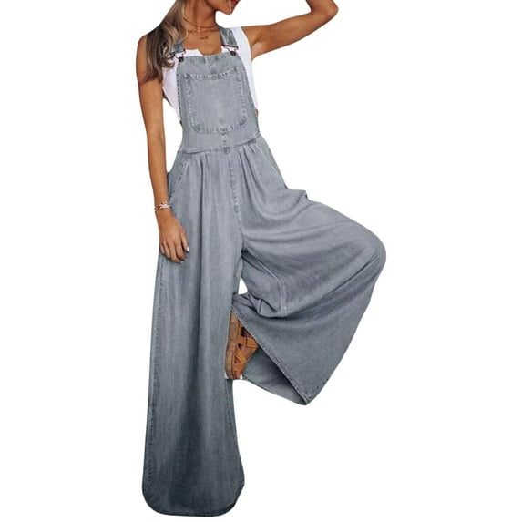 Women's Loose Denim Bib Overalls Long Jumpsuit Adjustable Strap Wide Leg Jeans Pants with Pocket