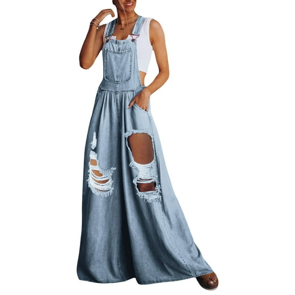 Women's Loose Denim Bib Overalls Long Jumpsuit Adjustable Strap Wide Leg Jeans Pants with Pocket