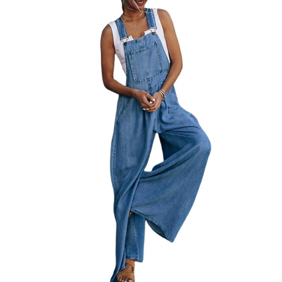 Women's Loose Denim Bib Overalls Long Jumpsuit Adjustable Strap Wide Leg Jeans Pants with Pocket