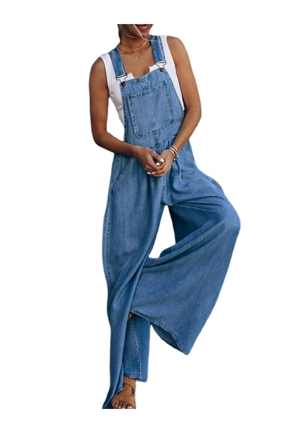 Women's Loose Denim Bib Overalls Long Jumpsuit Adjustable Strap Wide Leg Jeans Pants with Pocket