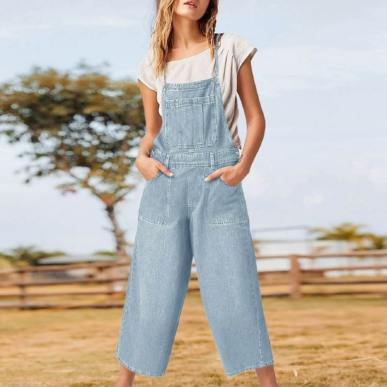 Women s Loose Denim Overalls Loose Version Bib Adjustable Strap Capri Pants Wide Leg Jeans Jumpsuit Walmart