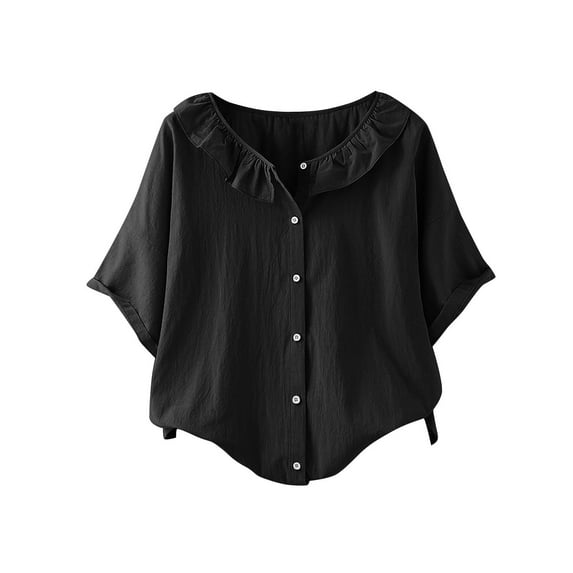 Women's Loose Dolman Sleeve Shirt - Round Neck Solid Color Top with Five-Quarter Sleeves for Casual Wear