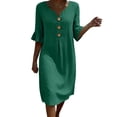 thumbnail image 1 of Women's Loose Dresses V Neck 3/4 Ruffle Sleeve Sundress with Button Front Linen Blend Shift Dress for Summer Vacation Olive Green M, 1 of 9