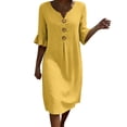 thumbnail image 1 of Women's Loose Dresses V Neck 3/4 Ruffle Sleeve Sundress with Button Front Linen Blend Shift Dress for Summer Vacation Yellow L, 1 of 9