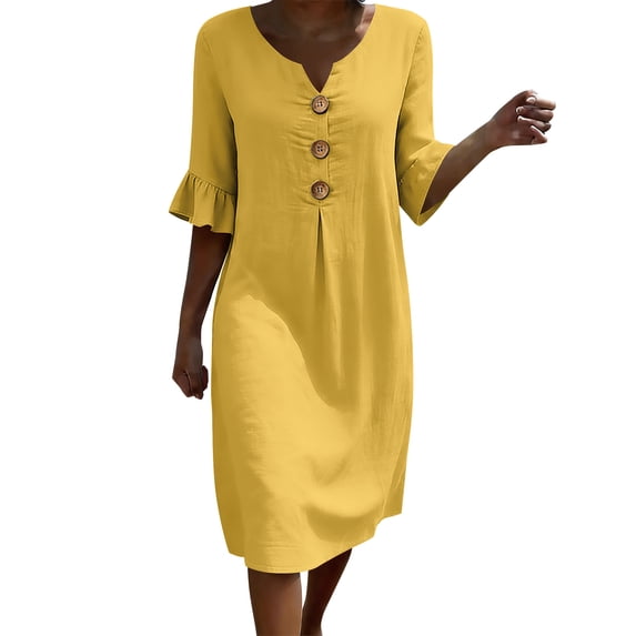 Women's Loose Dresses V Neck 3/4 Ruffle Sleeve Sundress with Button Front Linen Blend Shift Dress for Summer Vacation Yellow L