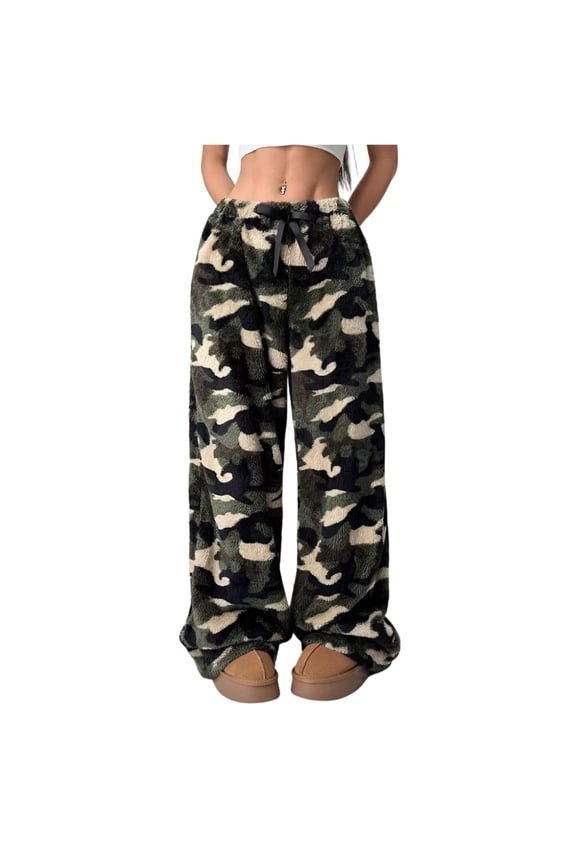 Women's Loose Elastic Drawstring Plush Checked Long Pants,Convenient Care - Wrinkle-resistant and iron-free fabric, machine washable without deformation ,Army Green - M