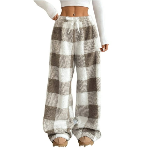 Women's Loose Elastic Drawstring Plush Checked Long Pants for Cozy and Fashionable Home Wear and Winter Comfort,Khaki,S