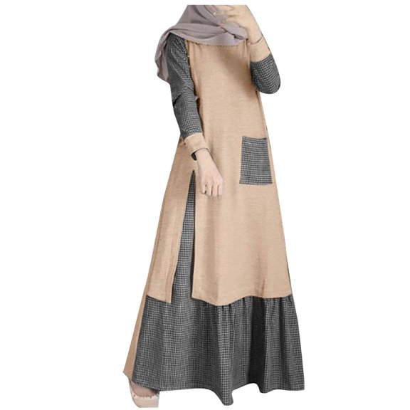 Women's Loose Ethnic Style Muslim Dress Pullover Long Sleeve Round Neck Swing Dresses Brown,XL
