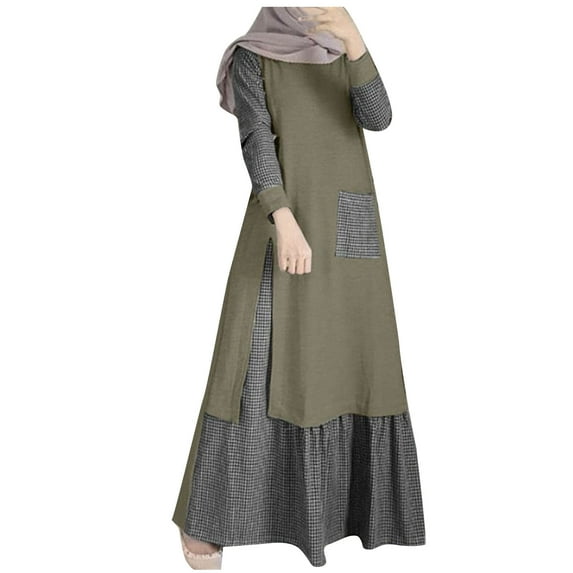 Women's Loose Ethnic Style Muslim Dress Pullover Long Sleeve Round Neck Swing Dresses Navy,5XL