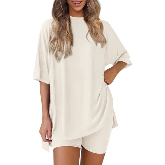 Women's Loose Fashion Solid Color Split Round Neck Short Sleeve Top Small Pocket Shorts Two Piece Set Beige 2XL