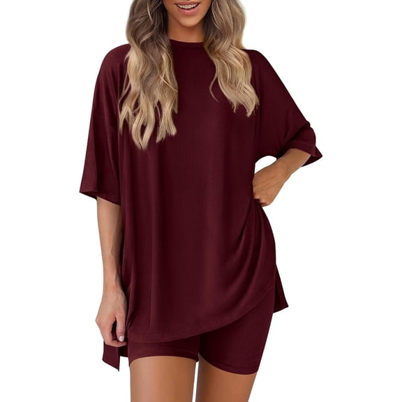 Women's Loose Fashion Solid Color Split Round Neck Short Sleeve Top Small Pocket Shorts Two Piece Set Deep Red L