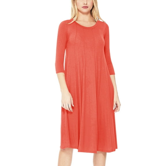 Women's Loose Fit 3/4 Sleeve Round Neck Jersey Knit A-Line Solid Midi Dress