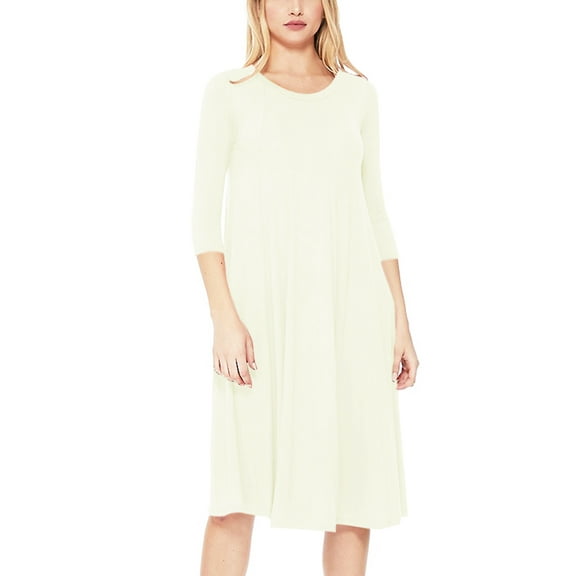 Women's Loose Fit 3/4 Sleeve Round Neck Jersey Knit A-Line Solid Midi Dress