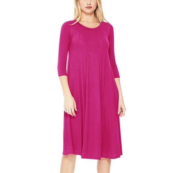 Women's Loose Fit 3/4 Sleeve Round Neck Jersey Knit A-Line Solid Midi Dress