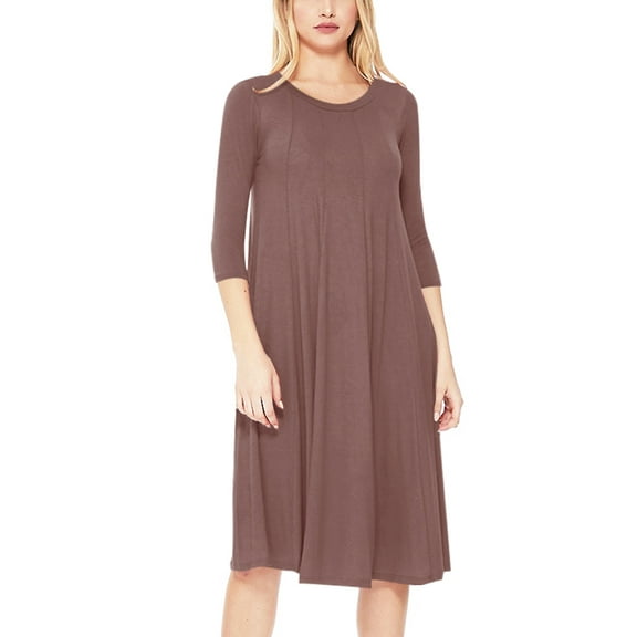 Women's Loose Fit 3/4 Sleeve Round Neck Jersey Knit A-Line Solid Midi Dress
