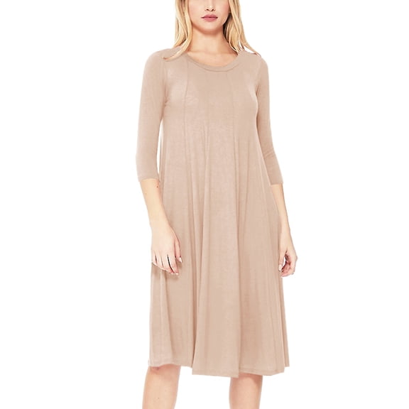 Women's Loose Fit 3/4 Sleeve Round Neck Jersey Knit A-Line Solid Midi Dress