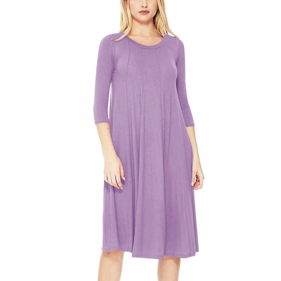 Women's Loose Fit 3/4 Sleeve Round Neck Jersey Knit A-Line Solid Midi Dress