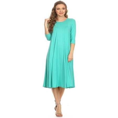 Women's Loose Fit 3/4 Sleeve Round Neck Jersey Knit A-Line Solid Midi Dress