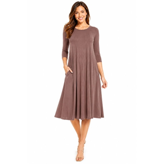 Women's Casual Loose Fit 3/4 Sleeve Round Neck Jersey Knit A-Line Comfy Solid Midi Dress