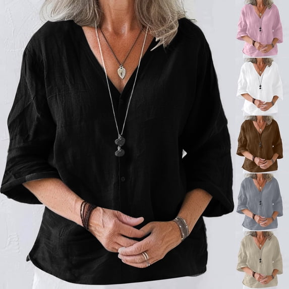 Women's Loose Fit 3/4 Sleeve Solid V Neck Tunic Top Shirt Comfy Breathable Casual Daily Weekend Outfits | CSEONE,Gray XL