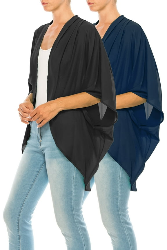 Women's Loose Fit 3/4 Sleeves Kimono Style Cover Up Solid Cardigan Pack of 2