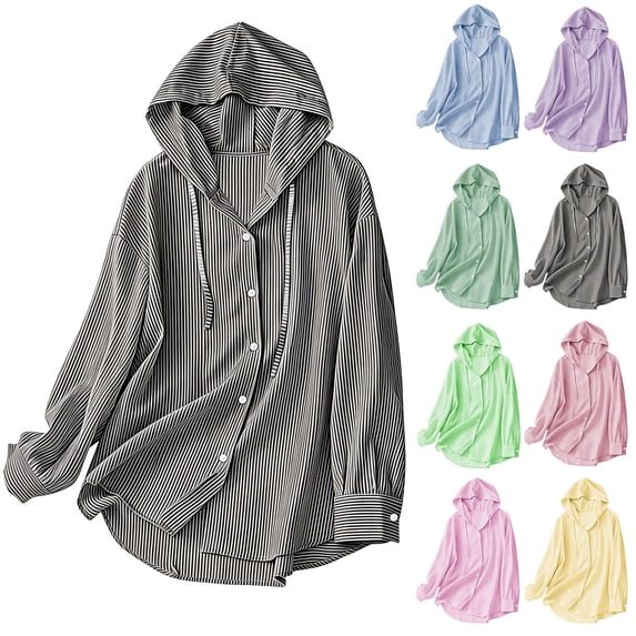 Women's Loose Fit Button Down Long Sleeve Hooded Stripe Print Blouse Jacket Comfy Breathable Versatile Casual Daily Wear Work Office Outfits | CSEONE,Green M