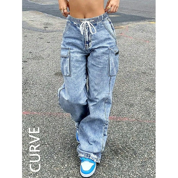 Women's Loose Fit Cargo Denim Pants Wide-Leg Workwear Jeans With Elastic Drawstring Waist Non-Stretch Comfortable Casual Trousers Denim Plus Size Women's Clothing
