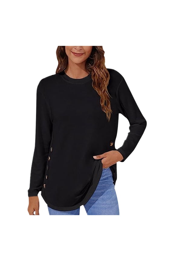 Women's Loose Fit Casual Long Sleeve Tee Round Neck Buttoned Top Stylish Comfortable Daily Wear T-Shirt Soft Breathable Fabric