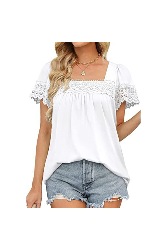 Women's Loose Fit Casual T-Shirt Lace-Trimmed White XL Short Sleeve Top