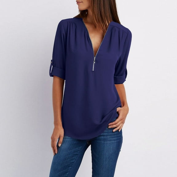 Women's Loose Fit Chiffon Shirt Long Sleeve Button Down Blouse Elegant Zipper Detail Casual Plus Size Tops