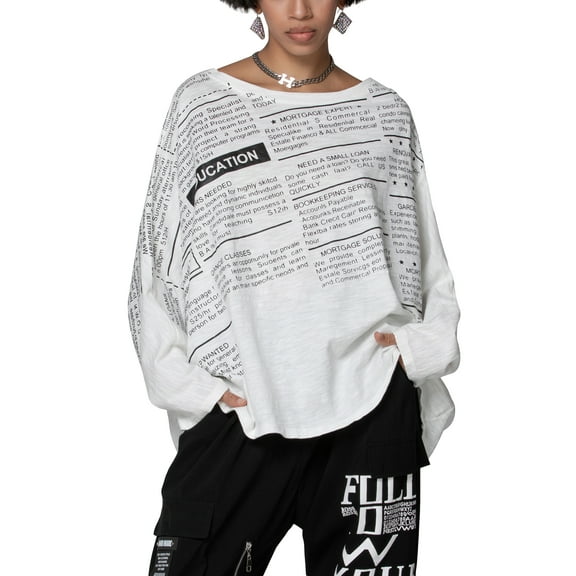 Women's Loose Fit Crew Neck Long Sleeve Letters Printed Pullover T-Shirt Top GY2742 White