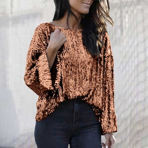 Women's Loose Fit Crew Neck Long Sleeve T-Shirt, Sparkly Sequin Detail Blouse, Plus Size Comfort Top, Soft Stretch Pullover, Casual Everyday Wear with Metallic Accents Gold XXL