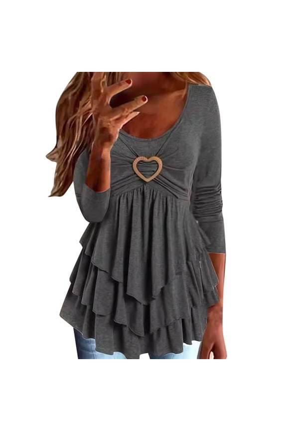 Women's Loose Fit Crew Neck Long Sleeve Top with Heart-Shaped Pleated Detail, Soft Breathable Casual Blouse for Summer Fashion, Daily Wear, Holiday Outings and Vacation Activities Grey XL
