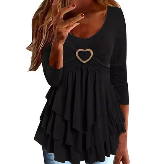 Women's Loose Fit Crew Neck Long Sleeve Top with Heart-Shaped Pleated Detail, Soft Breathable Casual Blouse for Summer Fashion, Daily Wear, Holiday Outings and Vacation Activities Black XXXXL