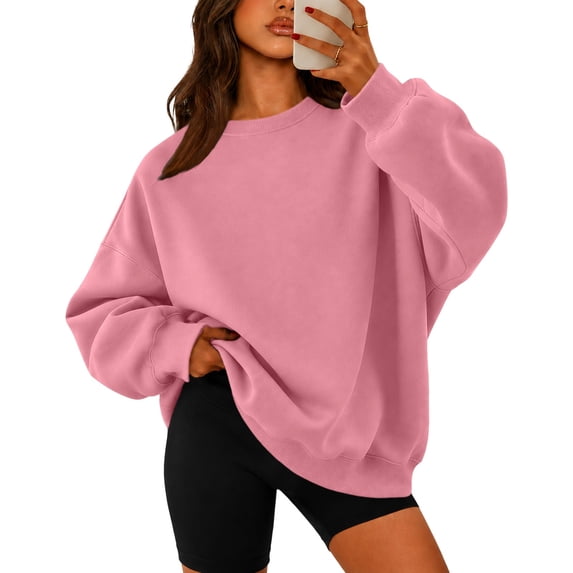 Women's Loose Fit Crewneck Sweatshirt Batwing Long Sleeve Solid Color Pullover Top Slouchy Style for Gym Running Athletic Pink 2XL